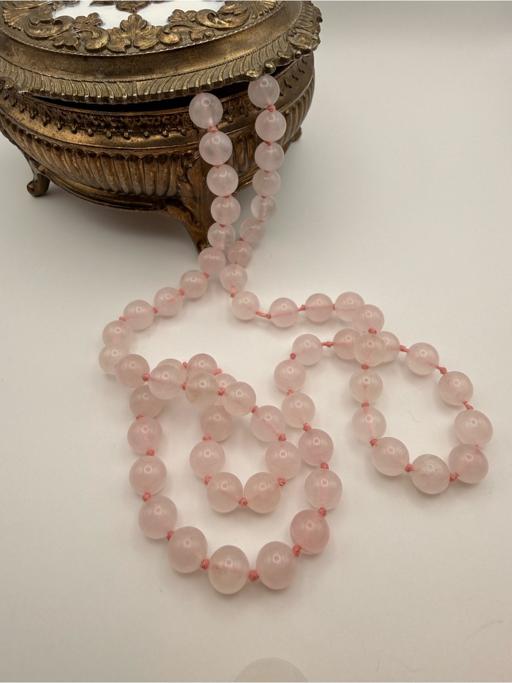Genuine Rose Quartz Bead Necklace 32” Hand Knotted Pink Gemstone Long Strand